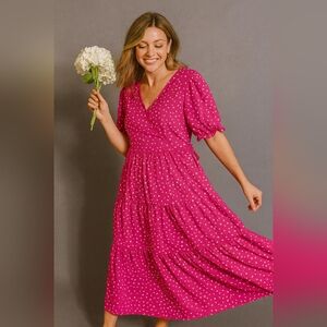 Greathe Hot Pink Polka Dot Puff Sleeve Tiered Maxi Dress Women’s XL 12 Coquette